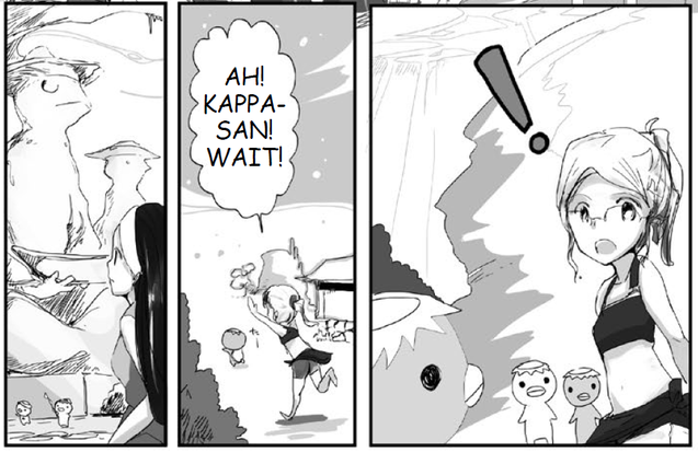 Manga scene of girl encountering the mythical Kappa in a dream