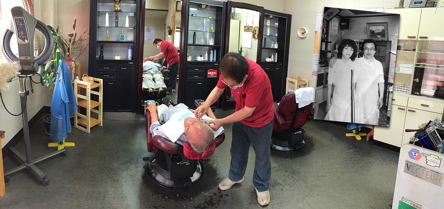 Riko Fujimoto cutting one of his long-time customer's hair