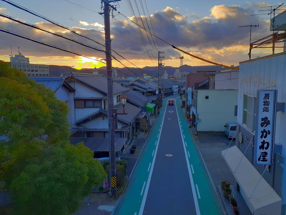 Photo showing Oribe Street in Tajiimi, Gifu, Japan, at dusk.